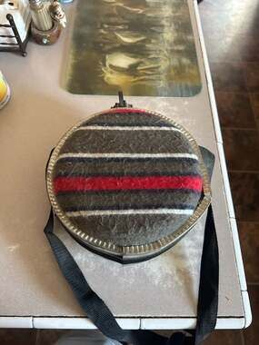 Vintage 2-Quart Round Metal Canteen with Striped Wool Blanket Cover and Strap
